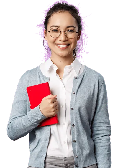 Professional woman with glasses holding red folder